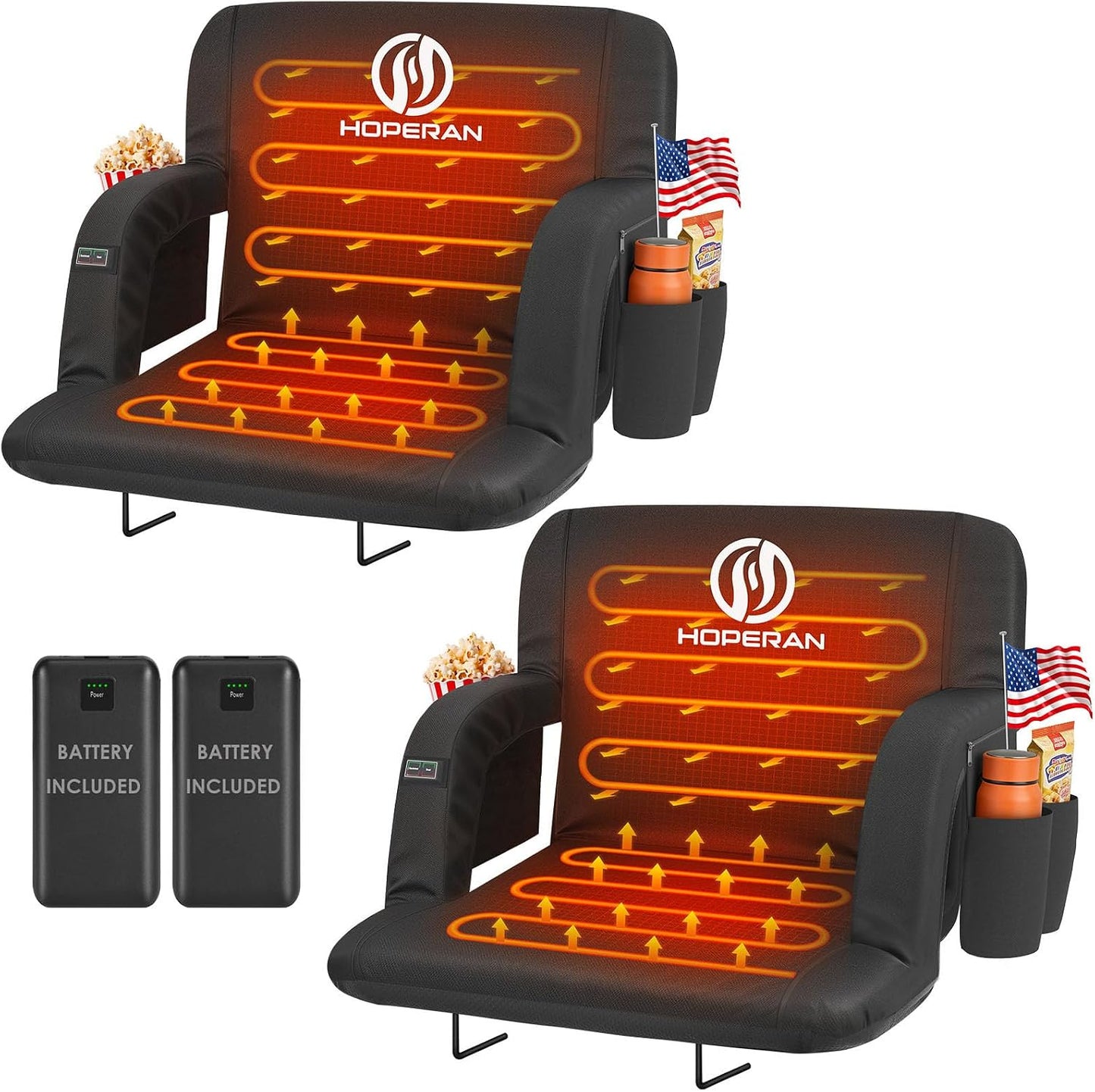HOPERAN Heated Stadium Seats for Bleachers with Power Bank, Dual Control | Independent Seat & Back Heat (20000mAh Battery Included), Soft Cushion, 6 Recliner, Anti-Slip Stability, Side Pockets