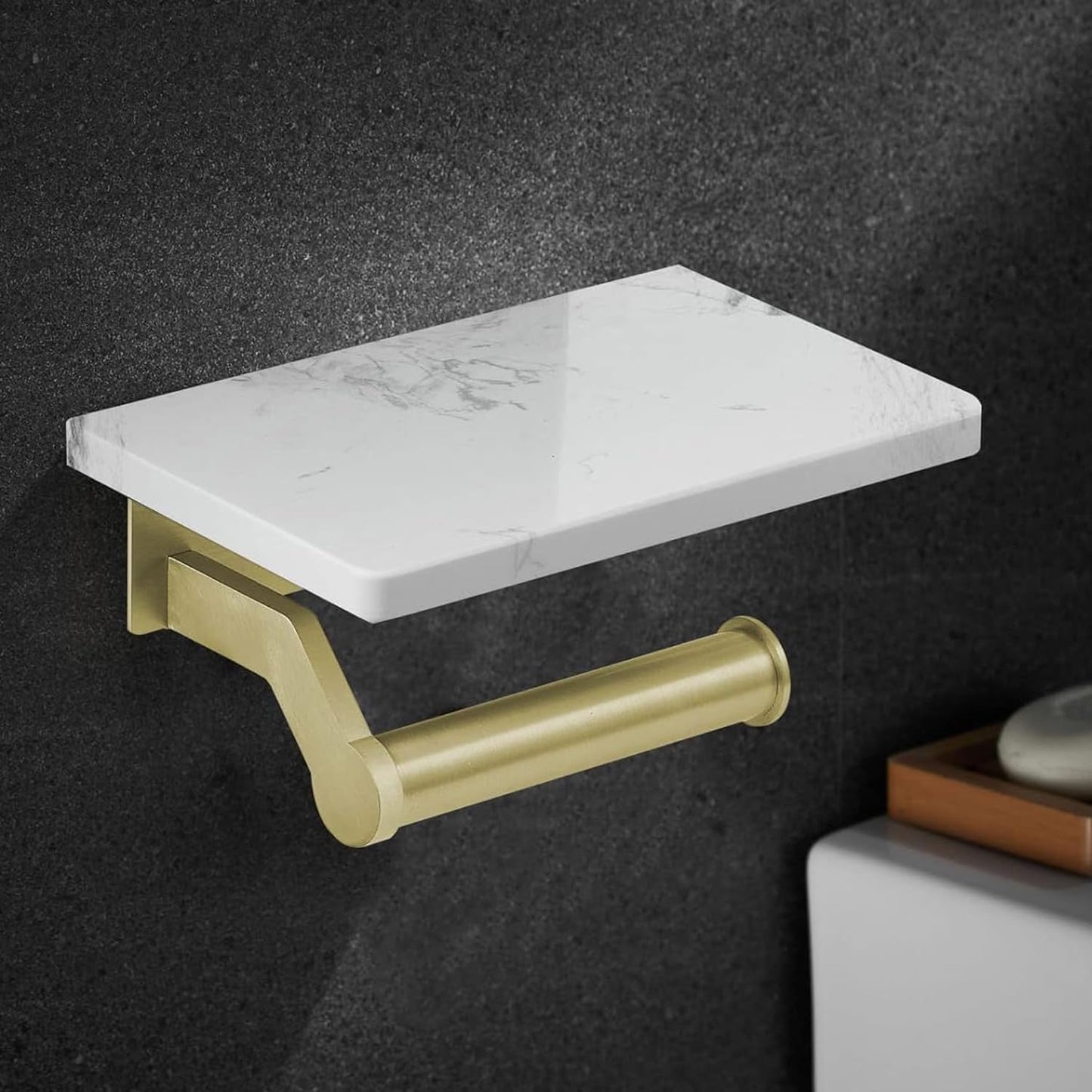 Hoimpro Toilet Paper Holder Wall Mounted, Marble Tissue Roll Rack | Brushed Gold | White Natural Marble Shelf Hand Paper Roll Holder, for Bathroom Kitchen Washroom Bedroom Aluminum