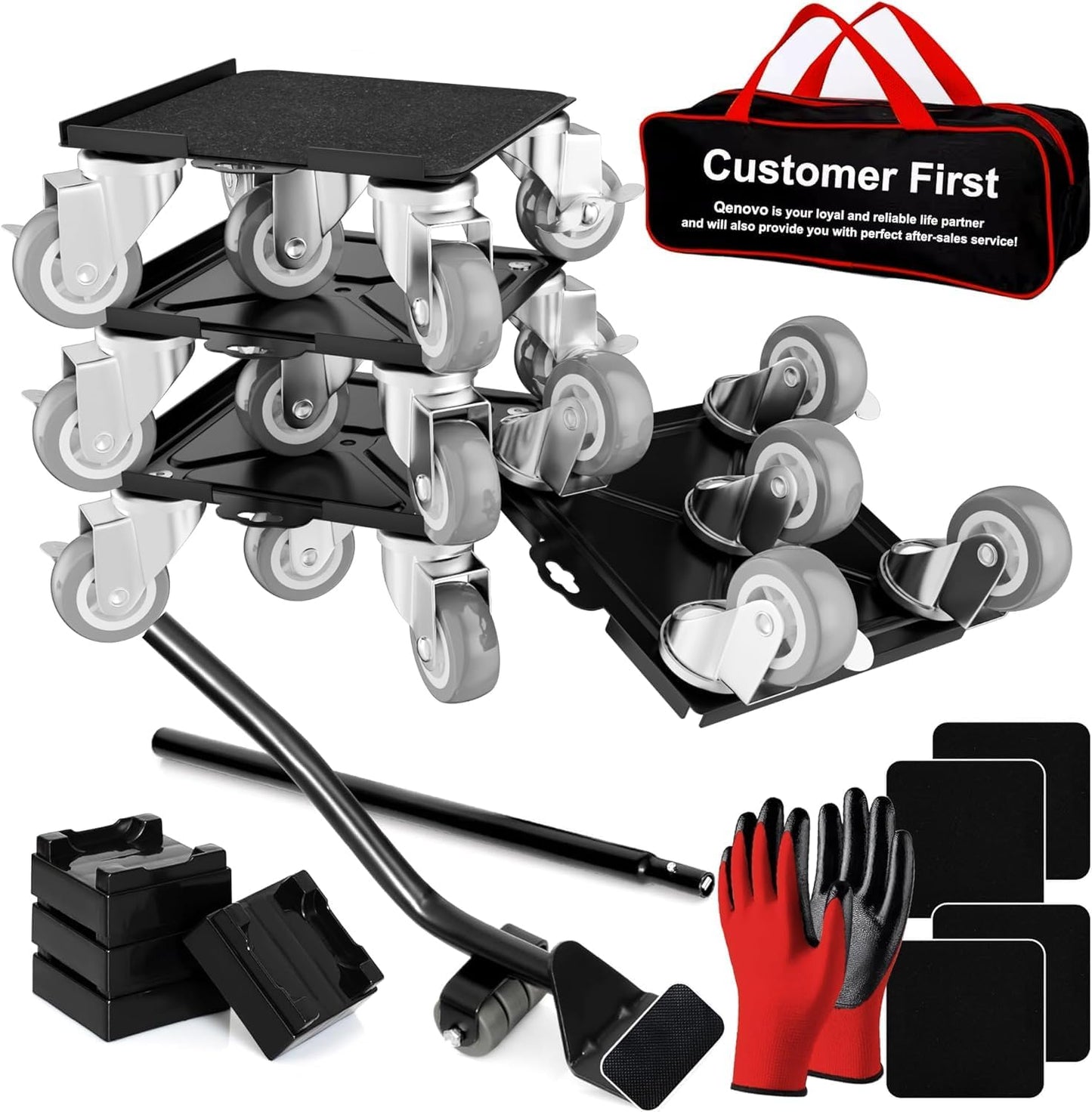 1,500 lb Capacity Furniture Dolly Set, 5.3-Inch Platforms, Red | Carbon Steel Dollies Feature Five Quiet Wheels, Including Locking Casters, Plus a Pry Bar for Washers, Sofas and Cabinets.