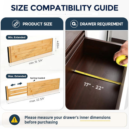 Fabsome Dresser Drawer Organizers 6 Pack, 4.65'' High Adjustable from 12.5-17‘’ Bamboo Drawer Dividers for Clothing Baby Clothes, Wooden Separators for Dresser Nursery Organization with Soft Foam Ends