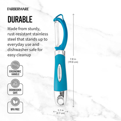 Farberware Vegetable Peeler, Pro2 Euro Peeler with Sharp Stainless Steel Swivel Blade and Ergonomic Handle, Dishwasher Safe, Aqua Sky