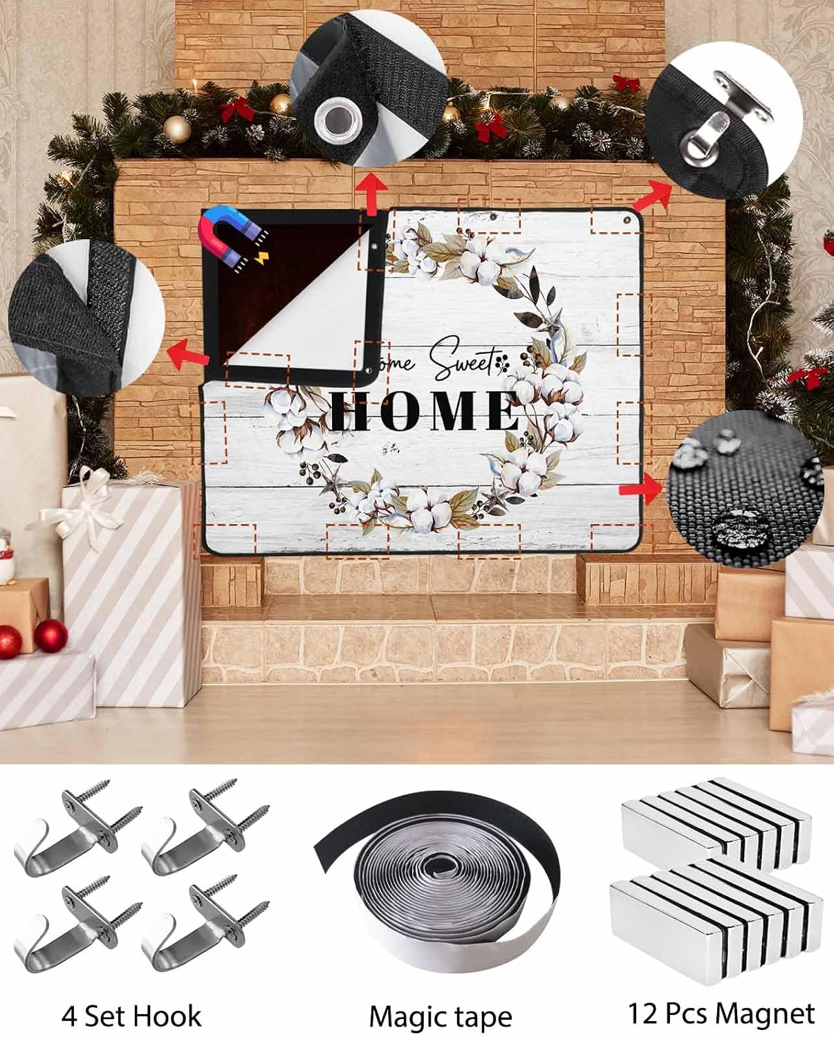 Farmhouse Wreath Magnetic Fireplace Cover,Fireplace Draft Blocker,Sweet Home Rustic Plants Texture Grey Wood Fireplaces Blanket for Heat Loss/Cold Air,Fireplaces Draft Stopper Cover for Inside 36"x30"
