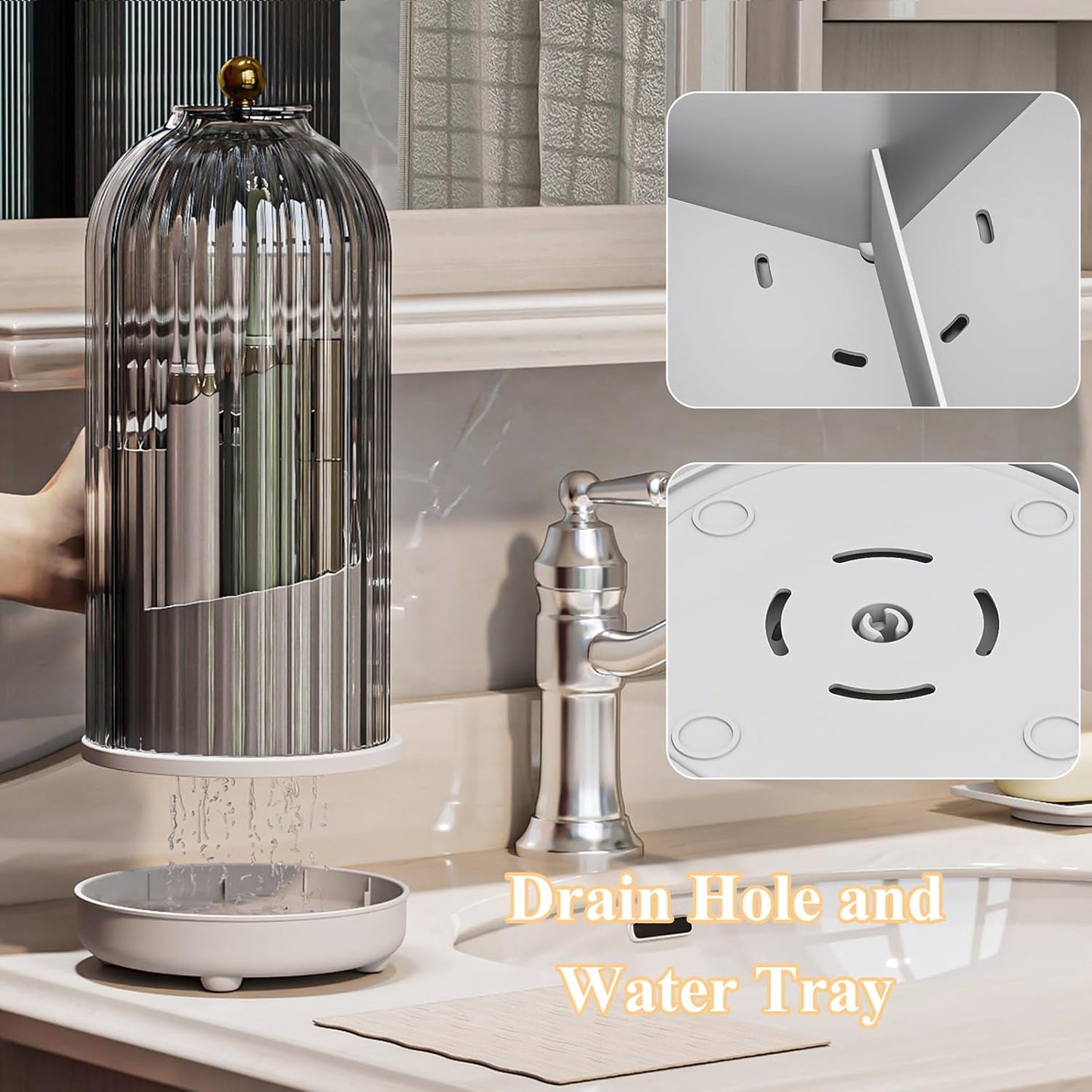 Drainable Toothbrush Toothpaste Holders with Cover, Transparent | Drainage Holes, Waterproof and Dustproof, 360° Rotating Base, Sliding Door, for Bathroom Counter