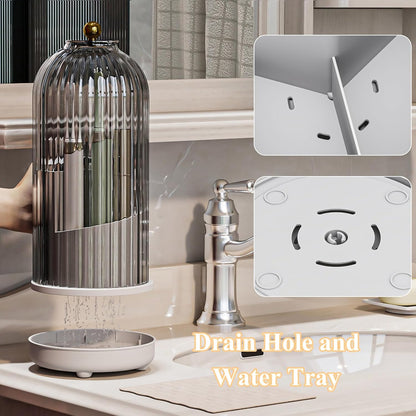 Drainable Toothbrush Toothpaste Holders with Cover, Transparent | Drainage Holes, Waterproof and Dustproof, 360° Rotating Base, Sliding Door, for Bathroom Counter