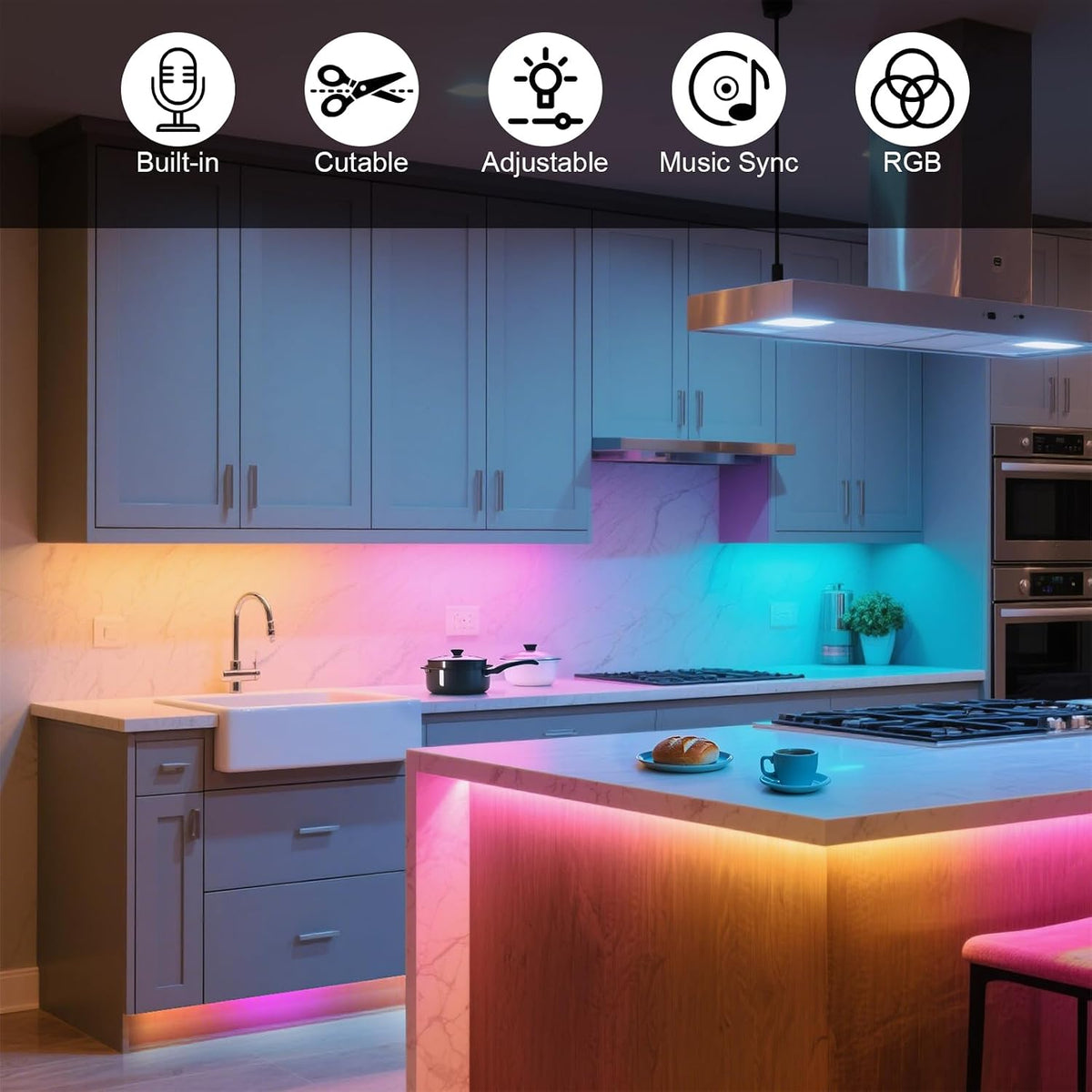 AI Voice Activated Under Bed Lights Strip,Indoor Kids Bedroom Night Lights RGBW, No App/Wifi Required, Dimmable Color Changing Strong Adhesive, Music Sync USB Powered 16.4ft for Kitchen Cabinet