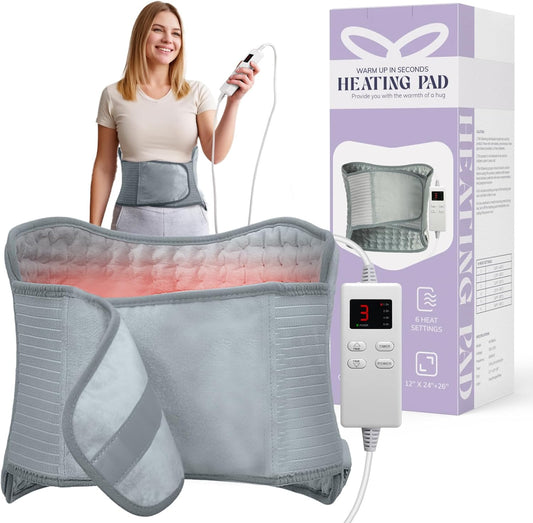 Heating Pad for Period Cramps, Upgraded Wrap Heating Pad for Back Pain Relief, Large 12''x 24''Heat Pad +26" Belt Adjustable 4 Timer 6 Heat Level Auto Shut Off, Christmas Birthday Gifts for Women Mom