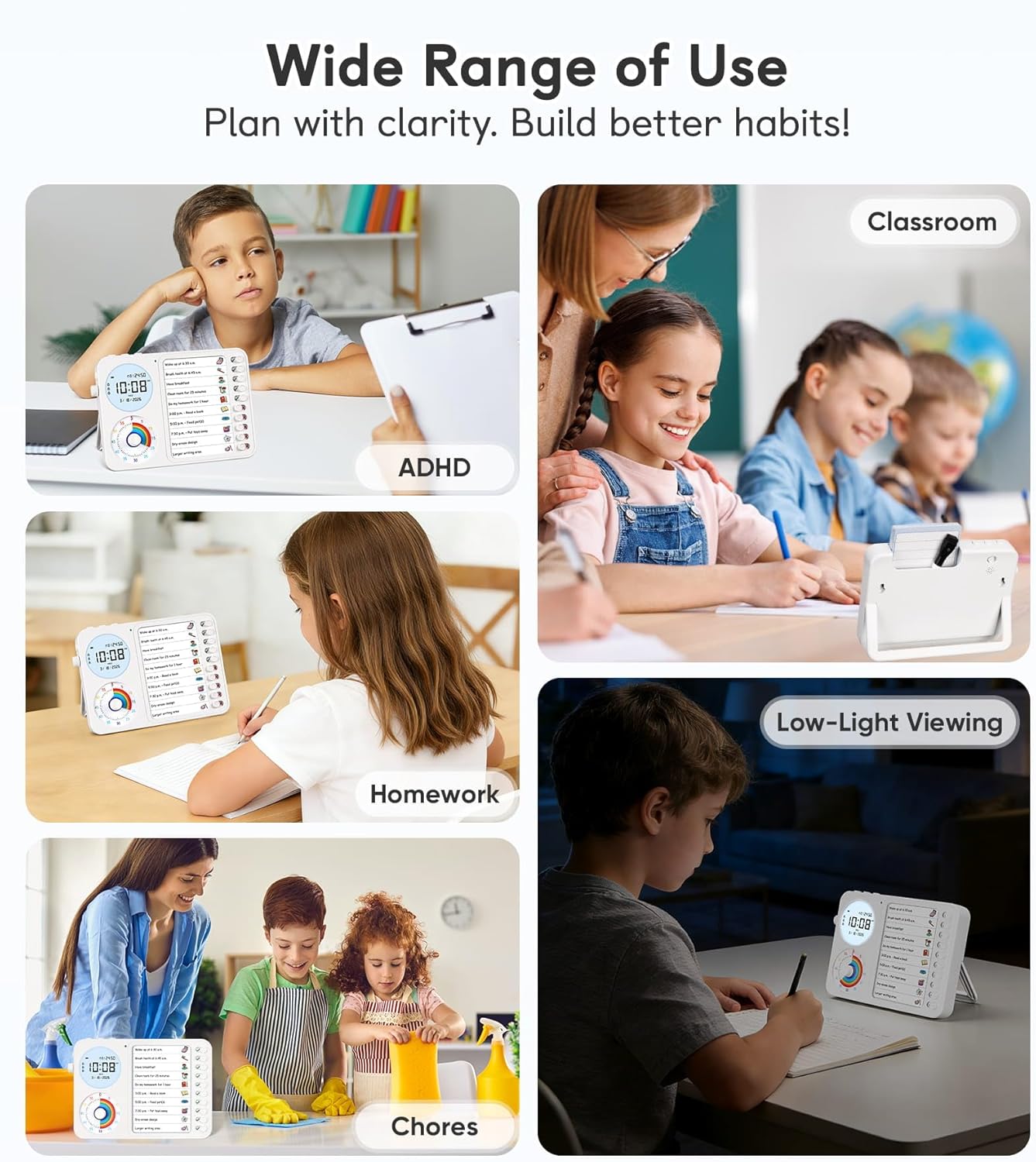 3-in-1 Visual Timer & ADHD Tool for Kids with Chore Chart & Planning Board | ADHD Timer with Digital Clock, Silent Task Timer for Adults with Visual Schedule for Home, School, Classroom, Work (Pink)