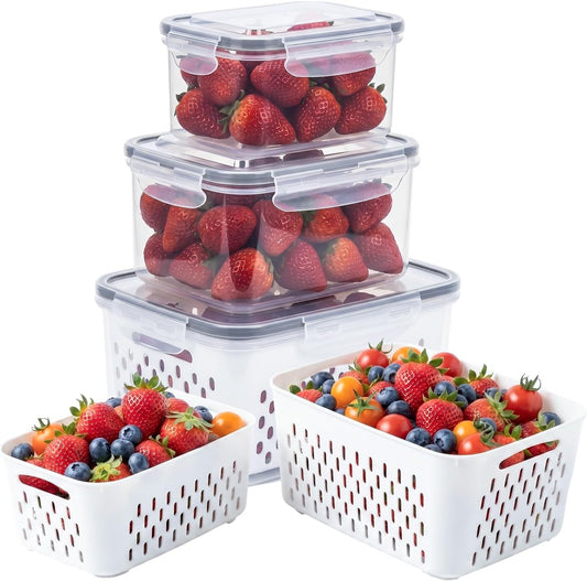 Fruit Storage Containers for Fridge with Removable Colander, 3-Pack Strawberry Containers for Fridge Containers with Lids, Organizers and Storage Keep Strawberries Fresh Twice as Long