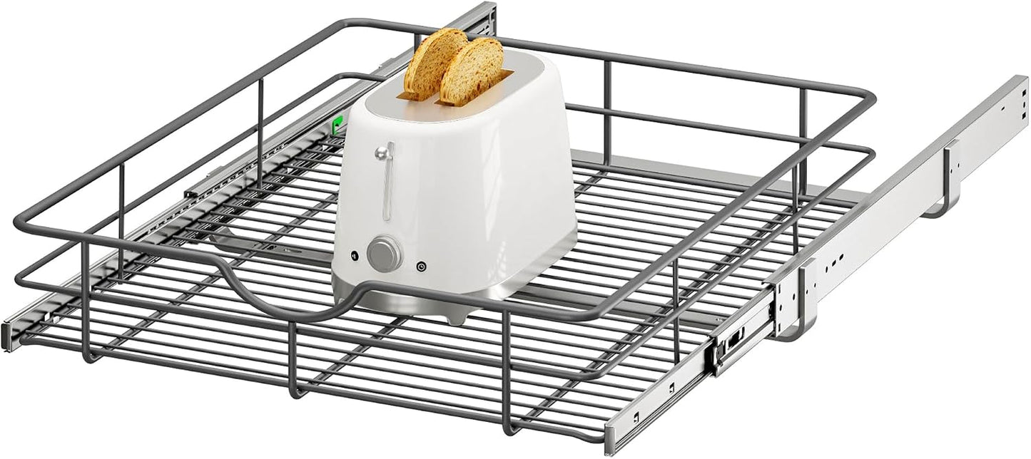 2 Tier Pull Out Cabinet Organizer - 20" W x 22" D Soft Close Slide Out Shelves with Shelf Liners - Pullout Drawers for Kitchen Cabinets, Pantry, Bathroom, Heavy Duty Steel Wire Baskets