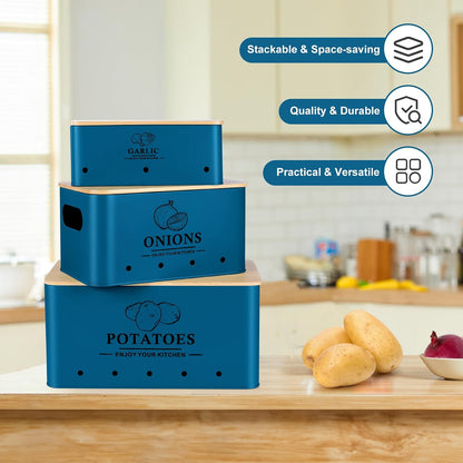 Kitchen Vegetable Storage Set of 3, Metal Onion Garlic Potato Storage Set, Kitchen Canisters Vegetable Keeper Containers with Aerating Holes and Bamboo Lid,Black