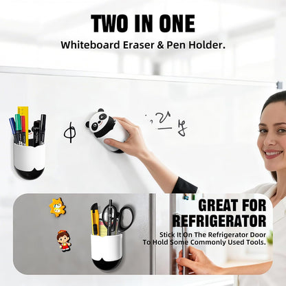 Magnetic Pen Holder for Fridge Whiteboard, 2-in-1 Magnetic Marker Holder Dry Erase Marker Whiteboard Eraser, Cute Ladybug Pencil Cup Desk Organizer for Classroom Office School Home (1-Pack)