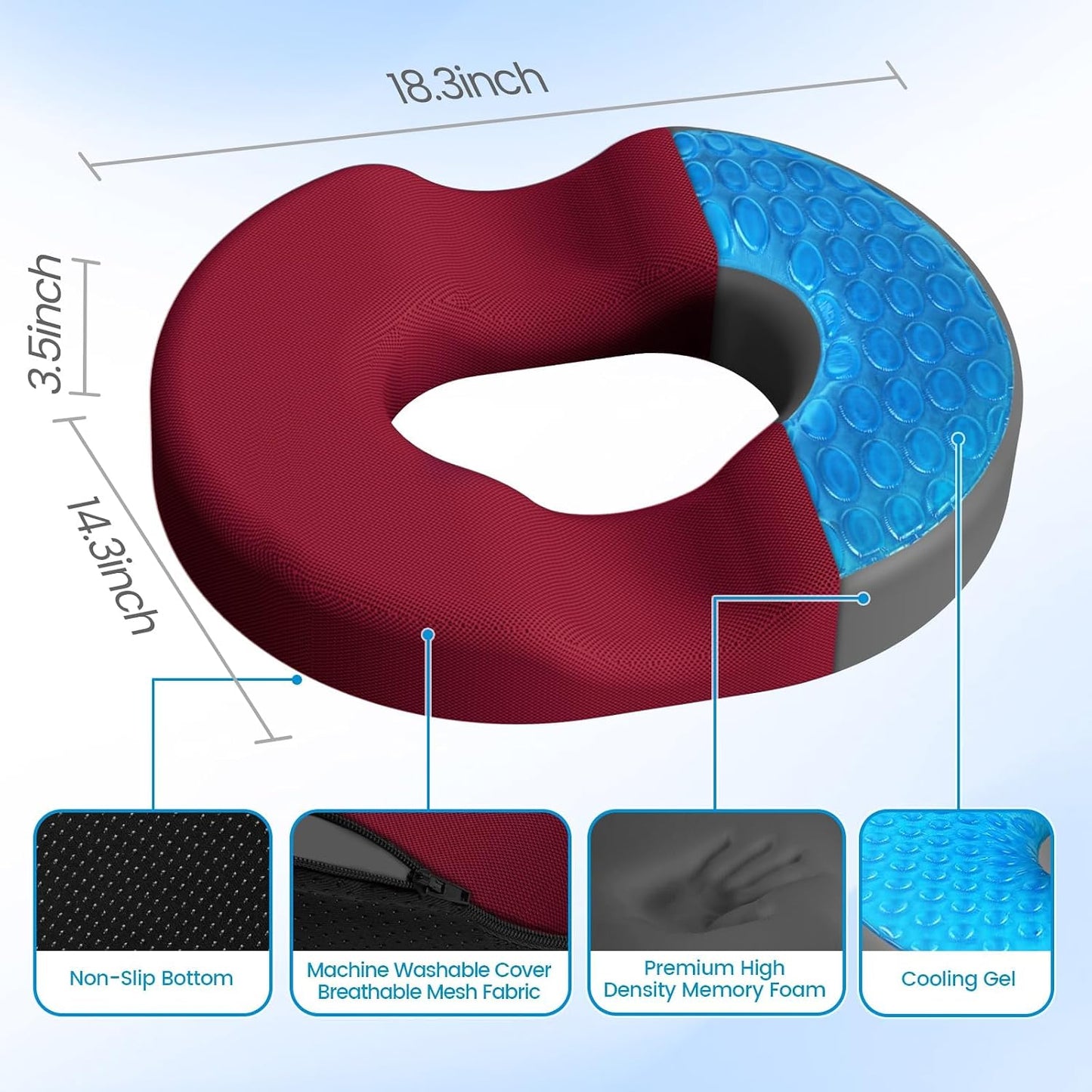 Donut Pillow Seat Cushion, Cooling Gel Memory Foam Chair Cushion, Black | Office, Home & Car Seat Cushion, Butt Pillow for Tailbone Pain Relief, Hemorrhoids and Everyday Sitting Comfort