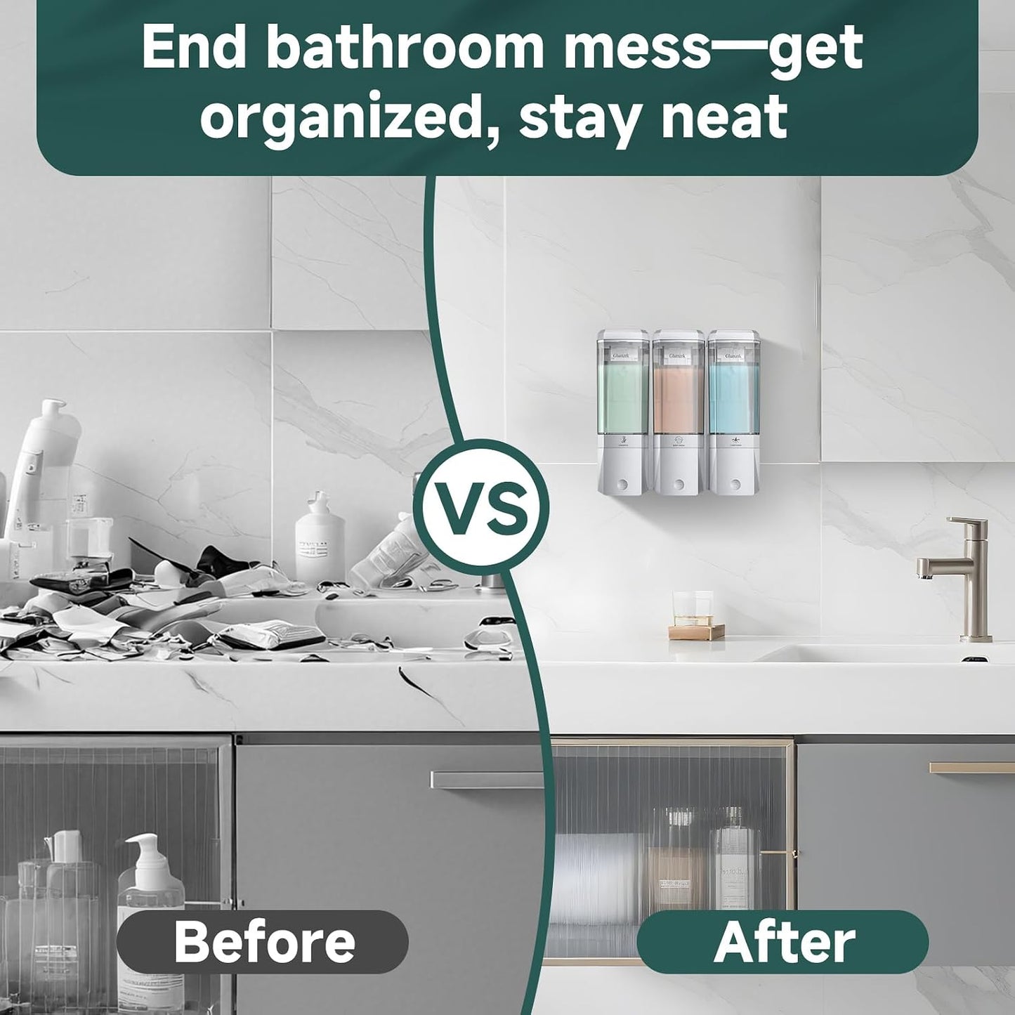 Shampoo and Conditioner Dispenser 3 Chamber No Drill Shower Soap Dispenser Wall Mounted Shampoo Conditioner Body Wash Dispenser 3 * 500ml Refillable Shower Dispenser for Bathroom Hotel, Silver