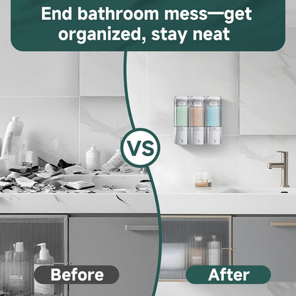 Shampoo and Conditioner Dispenser 3 Chamber No Drill Shower Soap Dispenser Wall Mounted Shampoo Conditioner Body Wash Dispenser 3 * 500ml Refillable Shower Dispenser for Bathroom Hotel, Silver