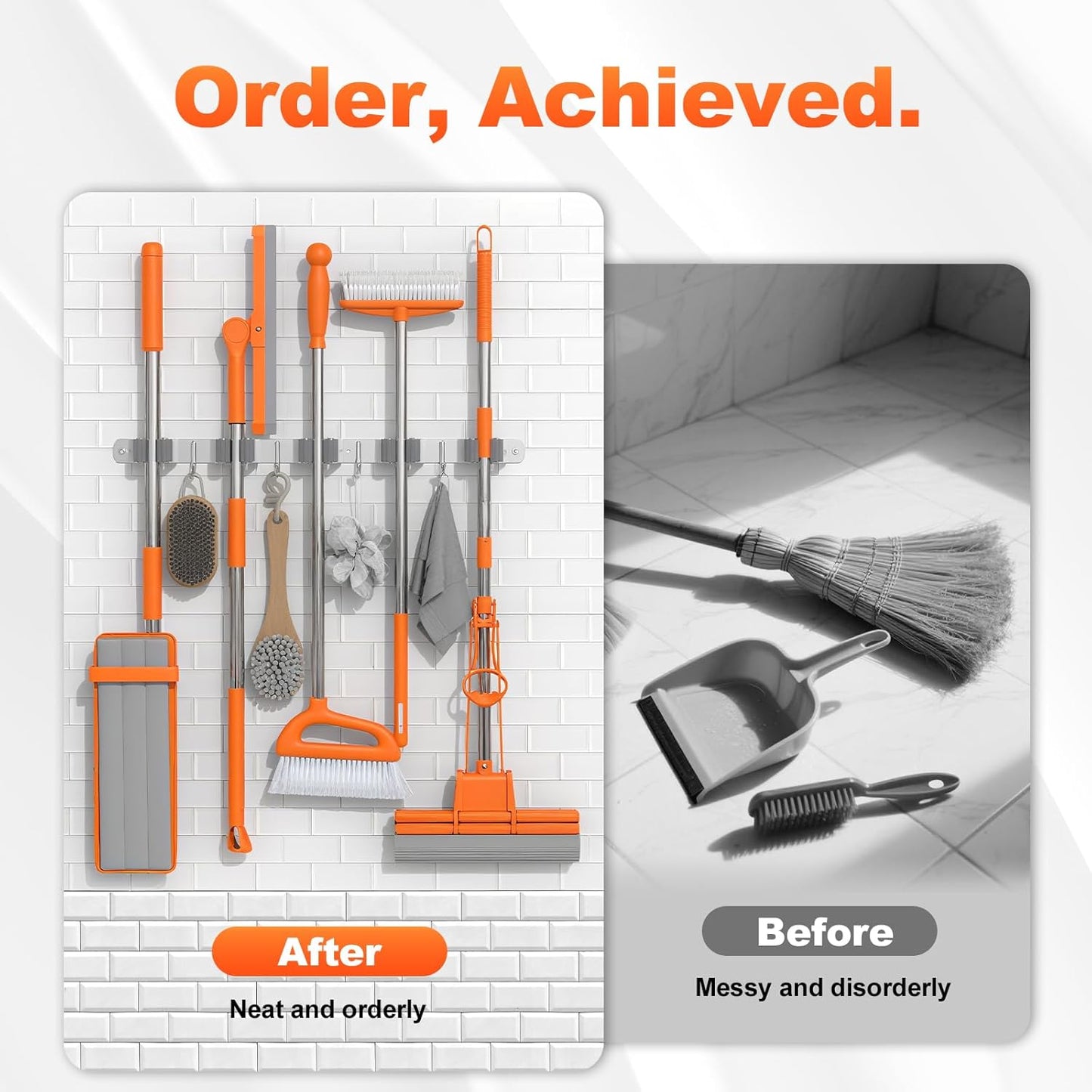 Broom Holder Wall Mount Mop Organizer, 5 Racks 4 Hooks | Premium Stainless Steel Mop Holder Storage Tool Utility Racks Solid for Home Kitchen Garden Laundry Garage
