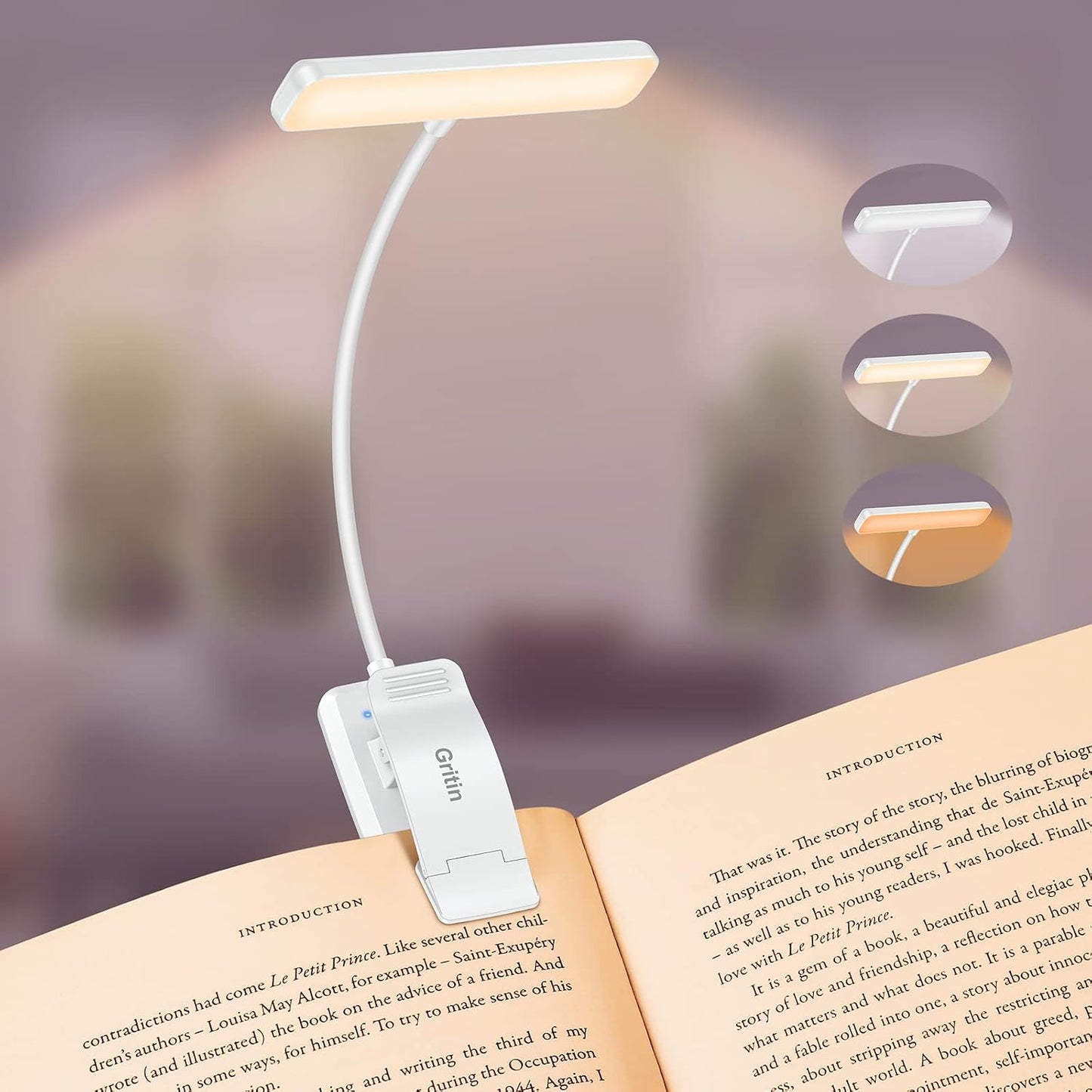 Gritin 19 LED Rechargeable Book Light for Reading in Bed | Eye Caring 3 Color Temps,Stepless Dimming Brightness,Memory Function,90 Hrs Runtime Lightweight Clip on Light for Book Lovers