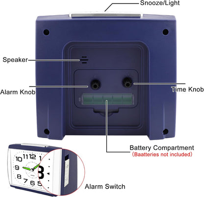 DTKID Large Alarm Clock for Bedside, Silent Non-Ticking Analog Clock with Night Light, Battery Powered, Gradually Increasing Alarm for Heavy Sleepers, Seniors