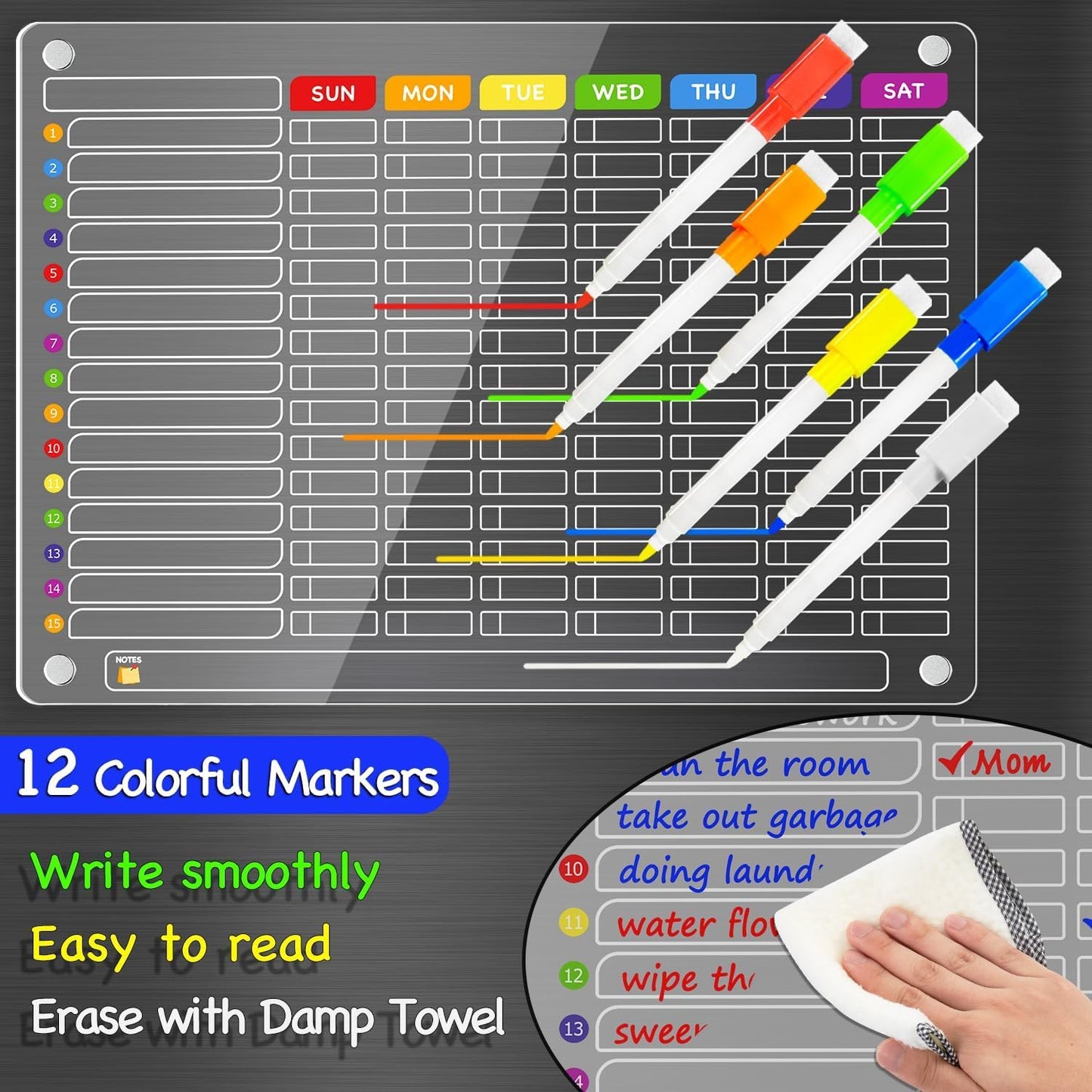 PigPotParty 2-in-1 Acrylic Magnetic Chore Chart for 2 Kids, Large 16x12 in | Clear Dry Erase Fridge Chore Board for Teens, Roommates; Vibrant Layout; Embedded Magnets; 12 Wet-Erase Markers and Towel