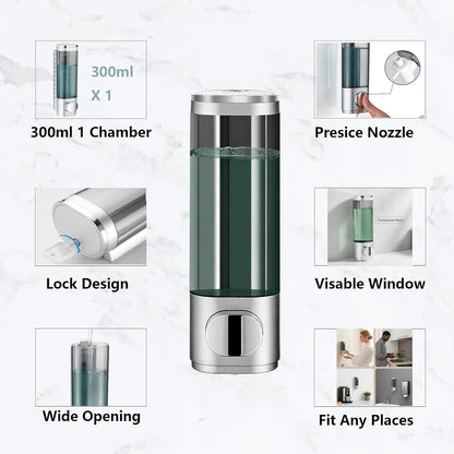 10oz/300ml Single Manual Wall Mounted Soap Dispenser, Black | Bathroom Shampoo and Conditioner Dispenser, Clear Plastic Refillable Liquid Lotion Pump Dispenser and Organizer