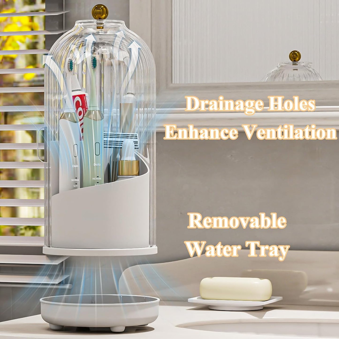 Drainable Toothbrush Toothpaste Holders with Cover, Transparent | Drainage Holes, Waterproof and Dustproof, 360° Rotating Base, Sliding Door, for Bathroom Counter