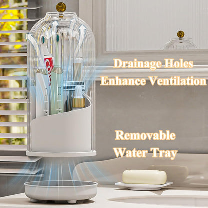 Drainable Toothbrush Toothpaste Holders with Cover, Transparent | Drainage Holes, Waterproof and Dustproof, 360° Rotating Base, Sliding Door, for Bathroom Counter