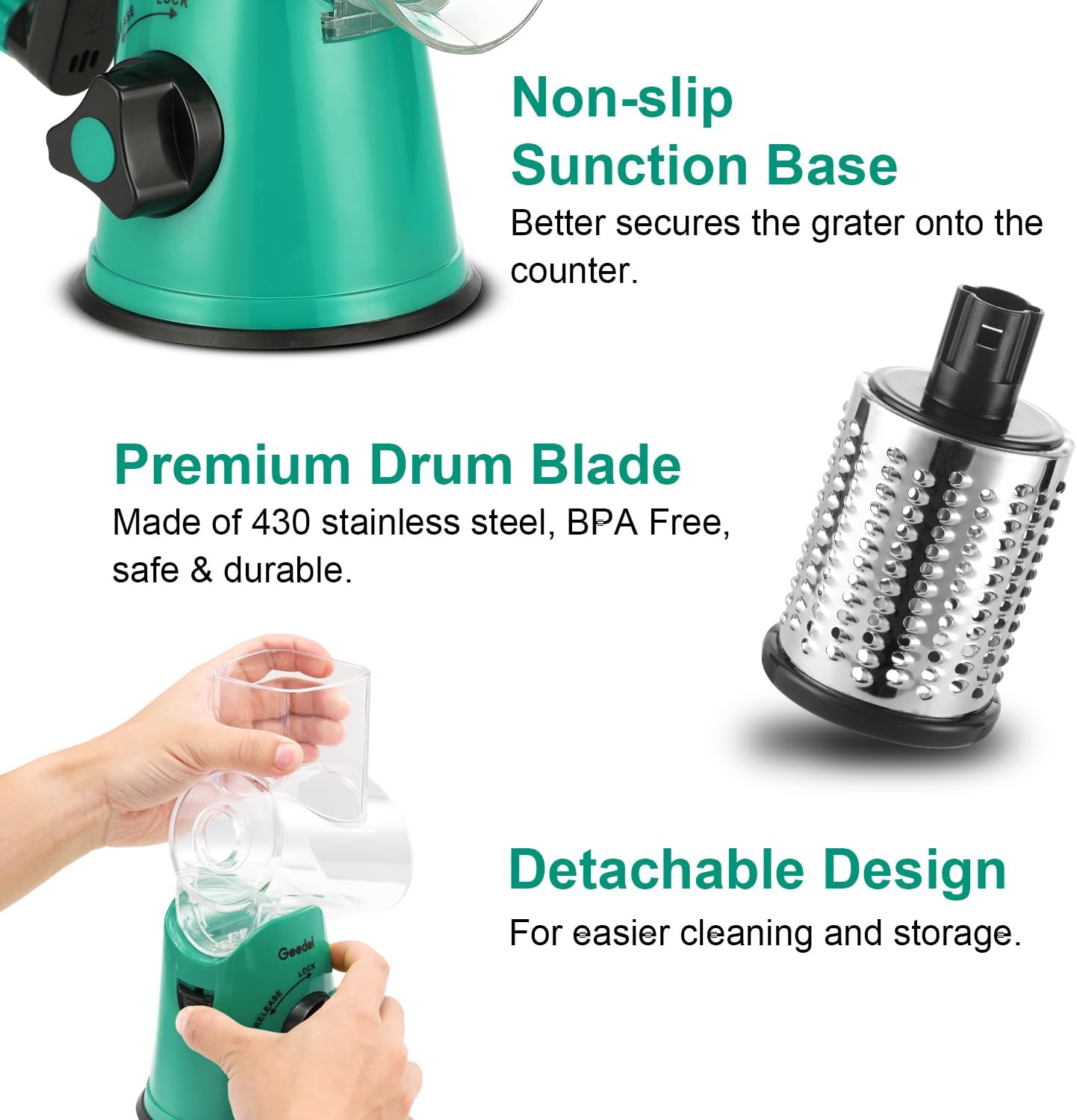 Geedel Rotary Cheese Grater, Kitchen Mandoline Vegetable Slicer with 3 Interchangeable Blades, Easy to Clean Rotary Grater Slicer for Fruit, Vegetables, Nuts | 3 Blades, 430 Stainless Steel, 12x Fast Cutting, Strong Suction Base, No BPA, Dishwasher Safe,