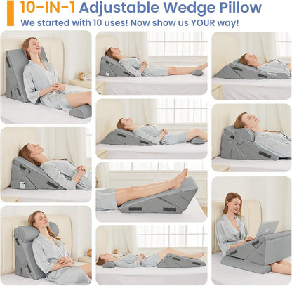 Sasttie Adjustable Wedge Pillow Set for After Surgery, Dark Grey & White | Bed Wedge Pillow Headboard with Memory Foam Neck Cushion, for Acid Reflux, Sleeping, Neck & Back Support