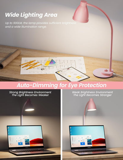 BOHON LED Desk Lamp with USB Charging Port 3 Color Modes Dimmable, Black | Reading Light Intelligent Induction Auto Dimming Task Lamp Neck Flexible Table Lamp for Bedside Office, AC Adapter Include
