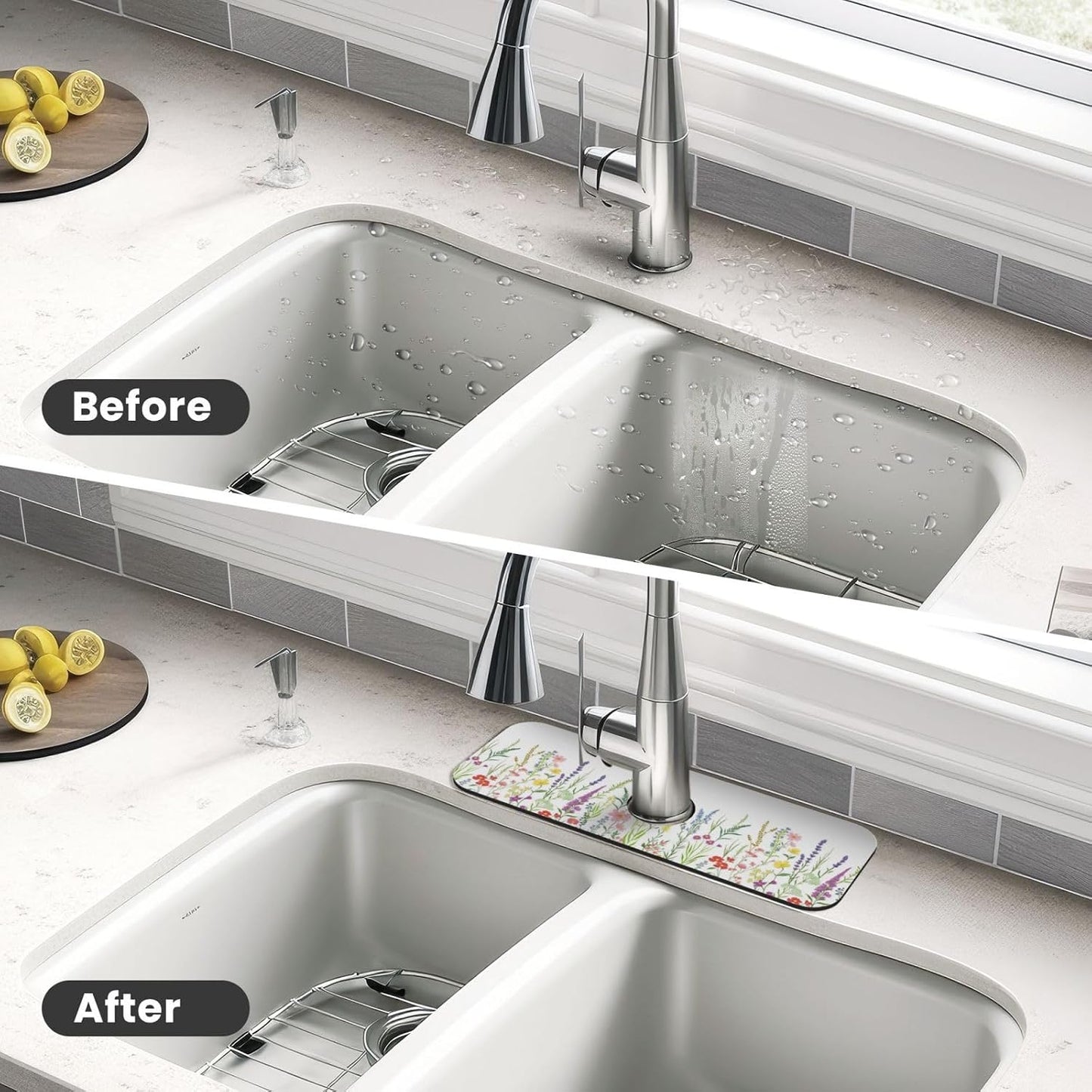 Wildflowers Floral Flower Kitchen Sink Splash Guard Faucet Mat Super Absorbent Fast Drying Mat Sink Gadgets-Fast Drying Pad Sink Mat For Kitchen Bathroom (15" X 5.5" )