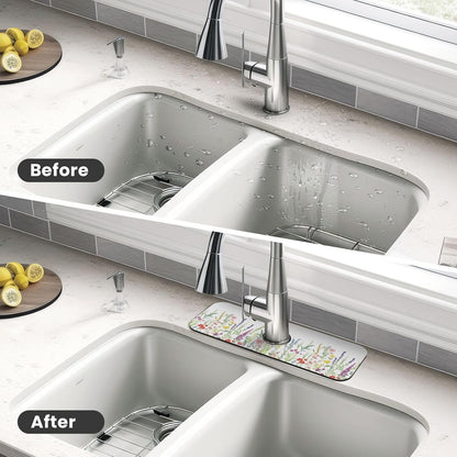 Wildflowers Floral Flower Kitchen Sink Splash Guard Faucet Mat Super Absorbent Fast Drying Mat Sink Gadgets-Fast Drying Pad Sink Mat For Kitchen Bathroom (15" X 5.5" )