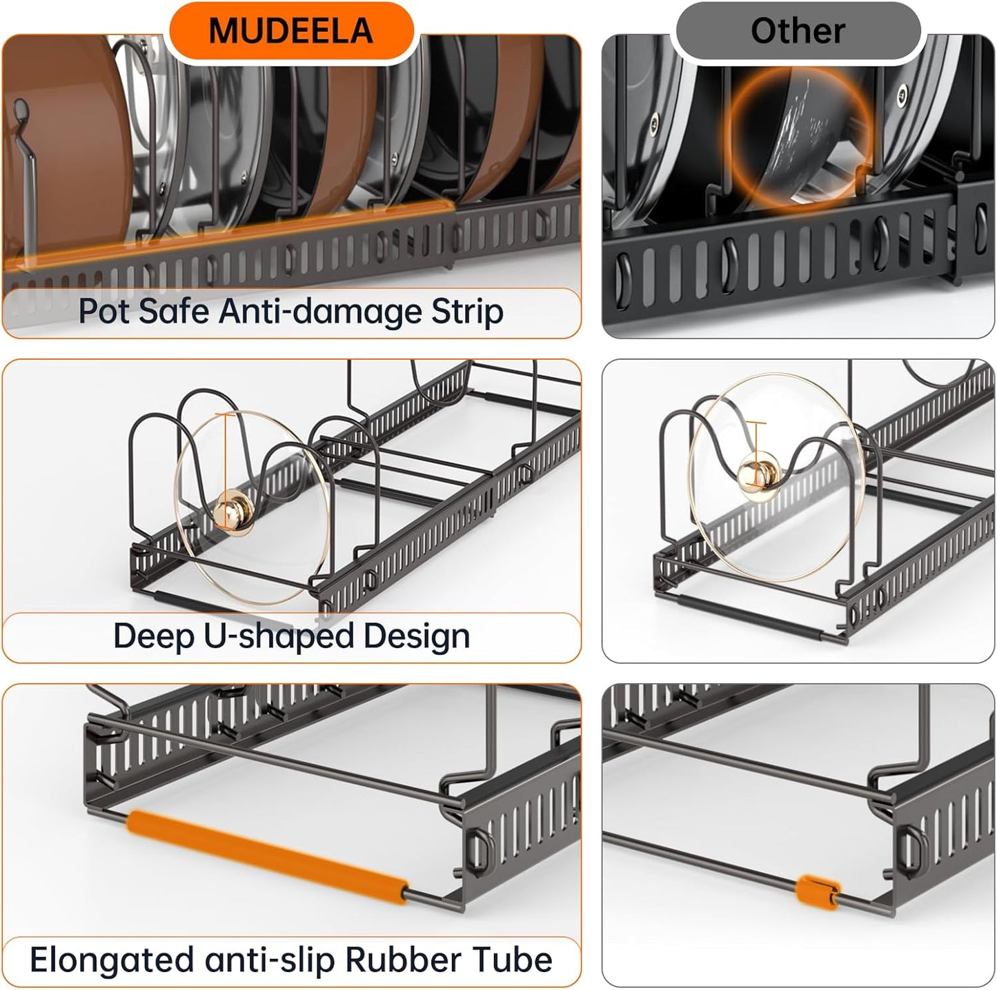 MUDEELA Expandable Pot Pan Lid Organizers inside Cabinet, 10 Divider-Black | Expandable 11.8–22.9", 10 Adjustable Divider, Tool-Free Assembly, Non-Slip, Scratch-Proof, For Pan Lid Cutting Board Bakeware