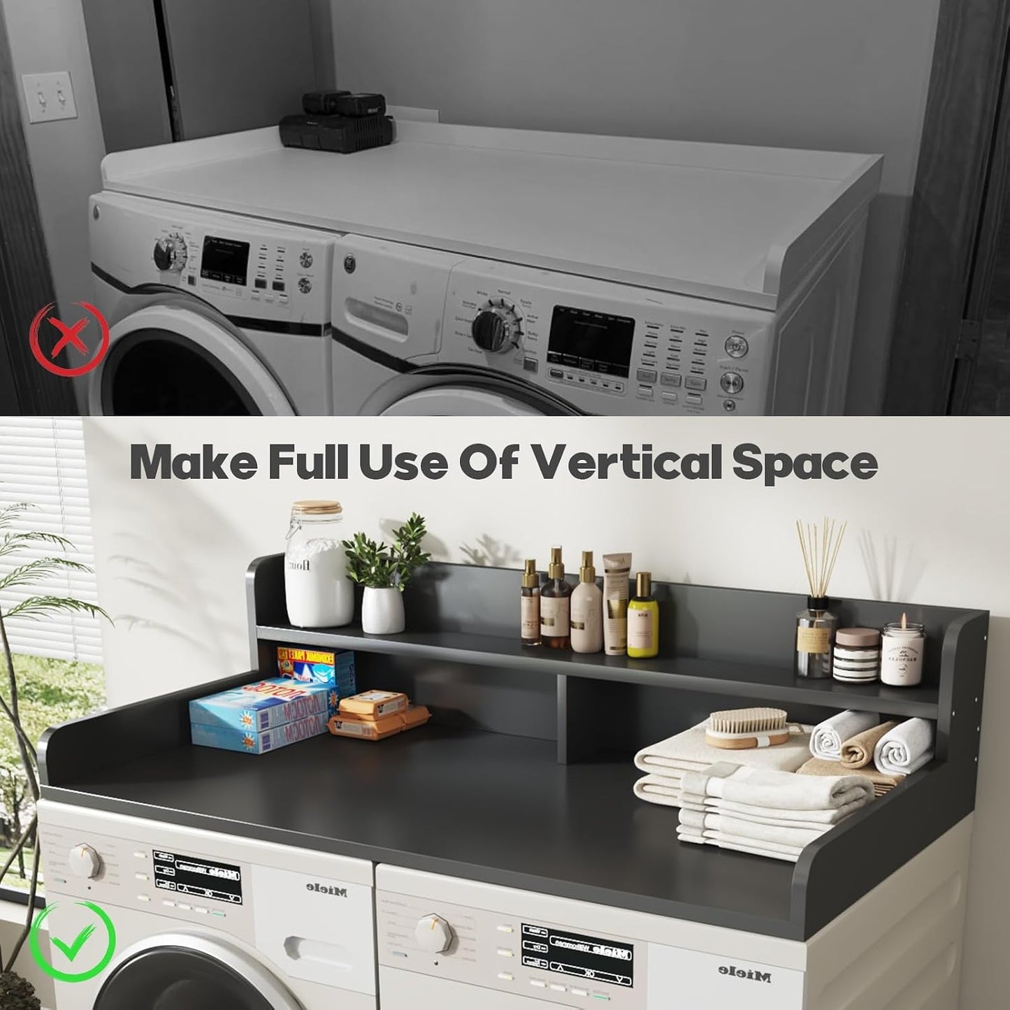 2-Tier Washer and Dryer Countertop with 2.75" H Guard,54" W x 27.5" D Laundry Countertop Cover with Non-Slip Pad,Large Space Laundry Topper for Folding Clothes Over Washer and Dryer-White