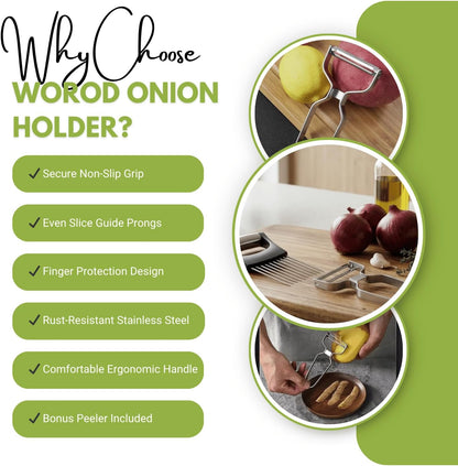Onion Holder for Slicing, Stainless Steel Onion Cutting Guide with Finger Protector – Vegetable Prep Tool with Bonus Peeler for Safe, Even Slices