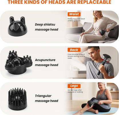 Snailax Cordless Handheld Back Massager with Heat, Deep Tissue Percussion Massager, 3 Sets of Dual Pivoting Heads,Rechargeable Hand Held Massager for Neck,Back Shoulder,Calf,Legs