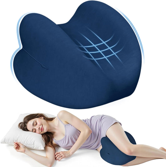 Knee Pillow for Side Sleepers, Memory Foam Leg Pillow, Grey | Heart-shaped design, high-density memory foam, raised edges, machine-washable cover, supports knee, hip and spinal alignment