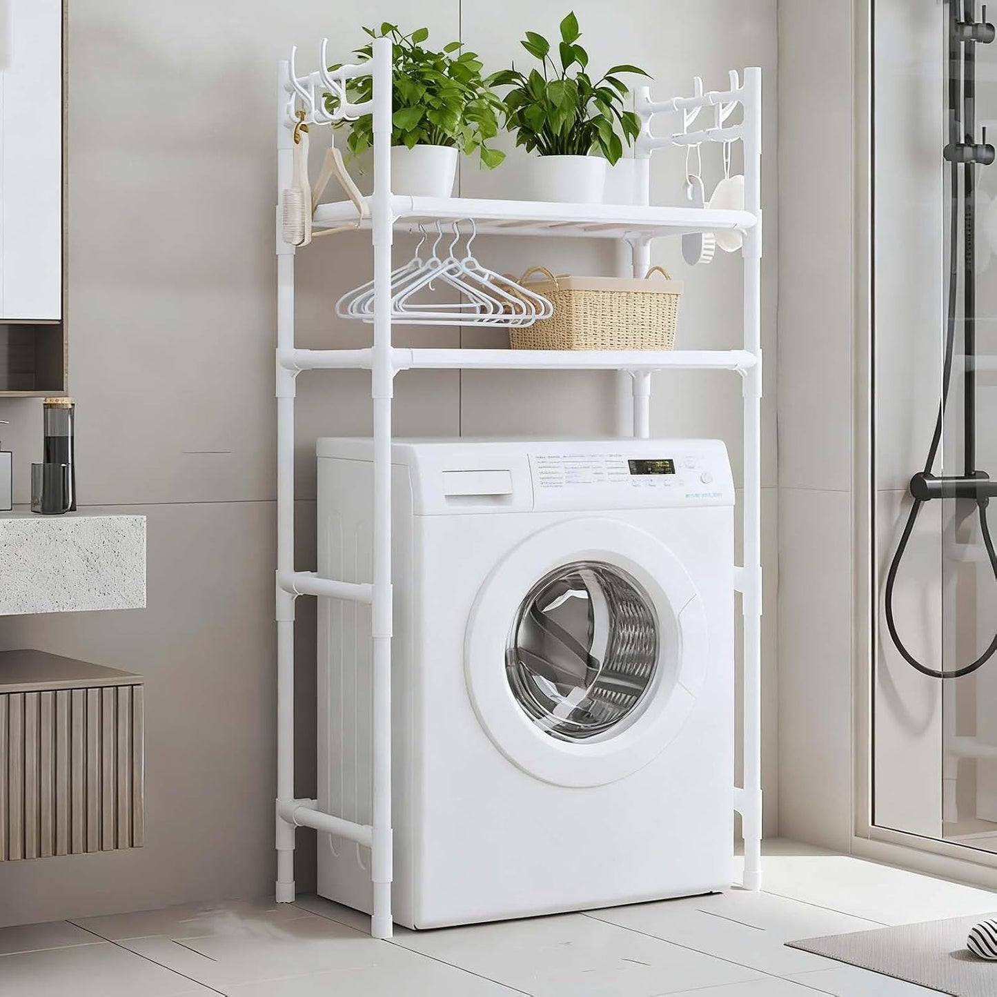 2-Tier Over Washer and Dryer Shelves - Portable Dryer Stand Over Washer with Hooks, Durable Plastic Laundry Organizer for Bathroom/Laundry Room(Black)