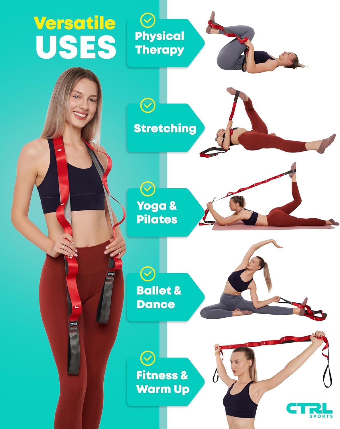 Stretching Strap with Loops - Non Elastic Stretch Band for Physical Therapy, Yoga Strap for Stretching Equipment, Stretch Bands for Exercise and Flexibility - Fascia, Hamstring and Leg Stretcher Belt