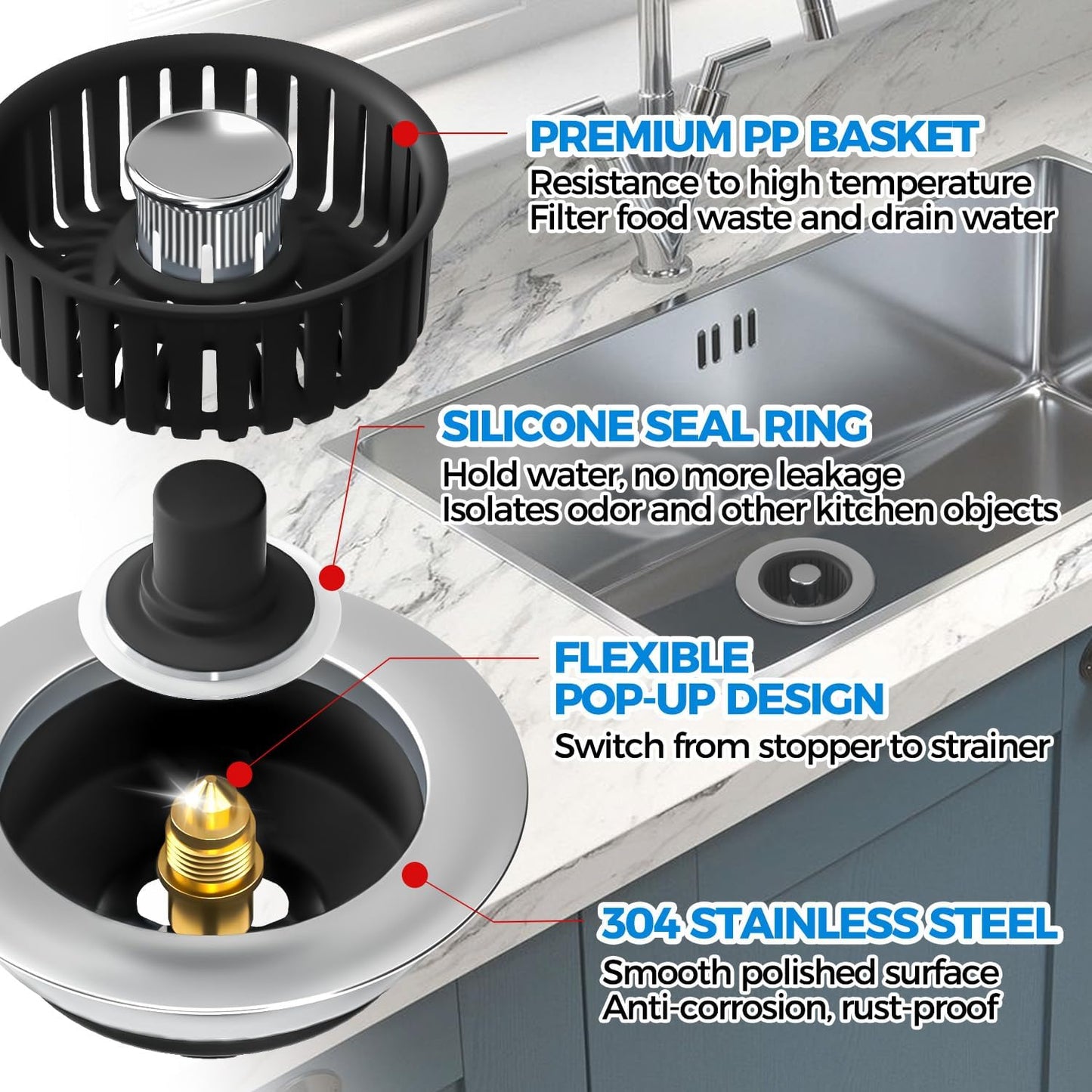 3 in 1 Kitchen Sink Drain Strainer Stopper Removable Basket Pop-Up | Kitchen Sink Food Strainer 1 Pack Silver Stainless - Food Catcher, Odor-Block Seal, Fits 3.5" Drain, Easy Clean