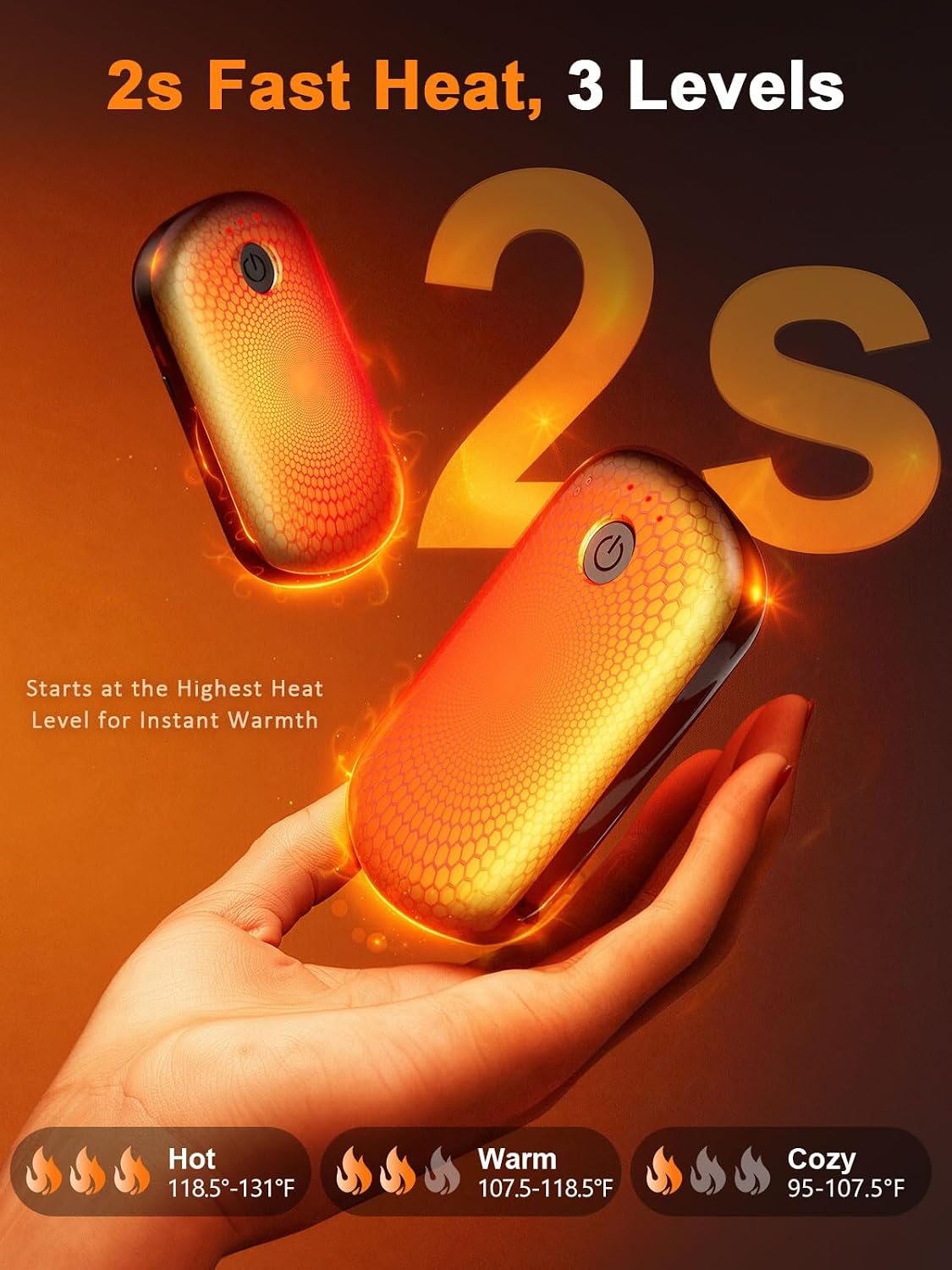 Pocket Size Hand Warmers Rechargeable 2 Pack, 6000mAh Electric Hand Warmers for 24H Safe Heat, 3 Settings Fast Heating Handwarmers Up to 131℉ for Christmas, Outdoor, Golf, Hunting, Camping Accessories