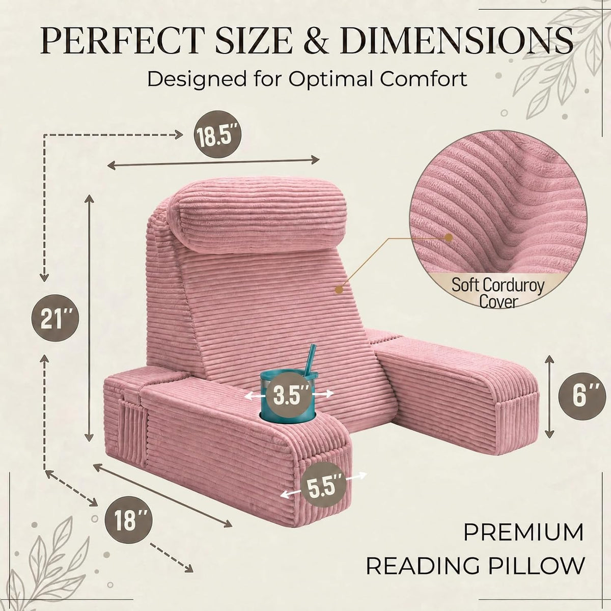 21 INCH Reading Pillow for Adults, Back Pillow for Bed Sitting Up, Backrest Pillow for Sitting in Bed, Detachable Arms with Built-in Cup & Phone Caddy (Gray, 21 INCH)