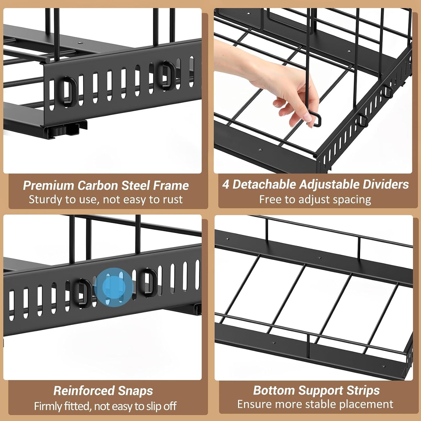 Housolution Pull Out Baking Tray and Cookie Sheet Cutting Board Organizer | 13"-22" Expandable, 21.5" Deep, 8 Adjustable Dividers, Sliding Rail Design, Sturdy Metal Structure, Adhesive/Screw Fixing