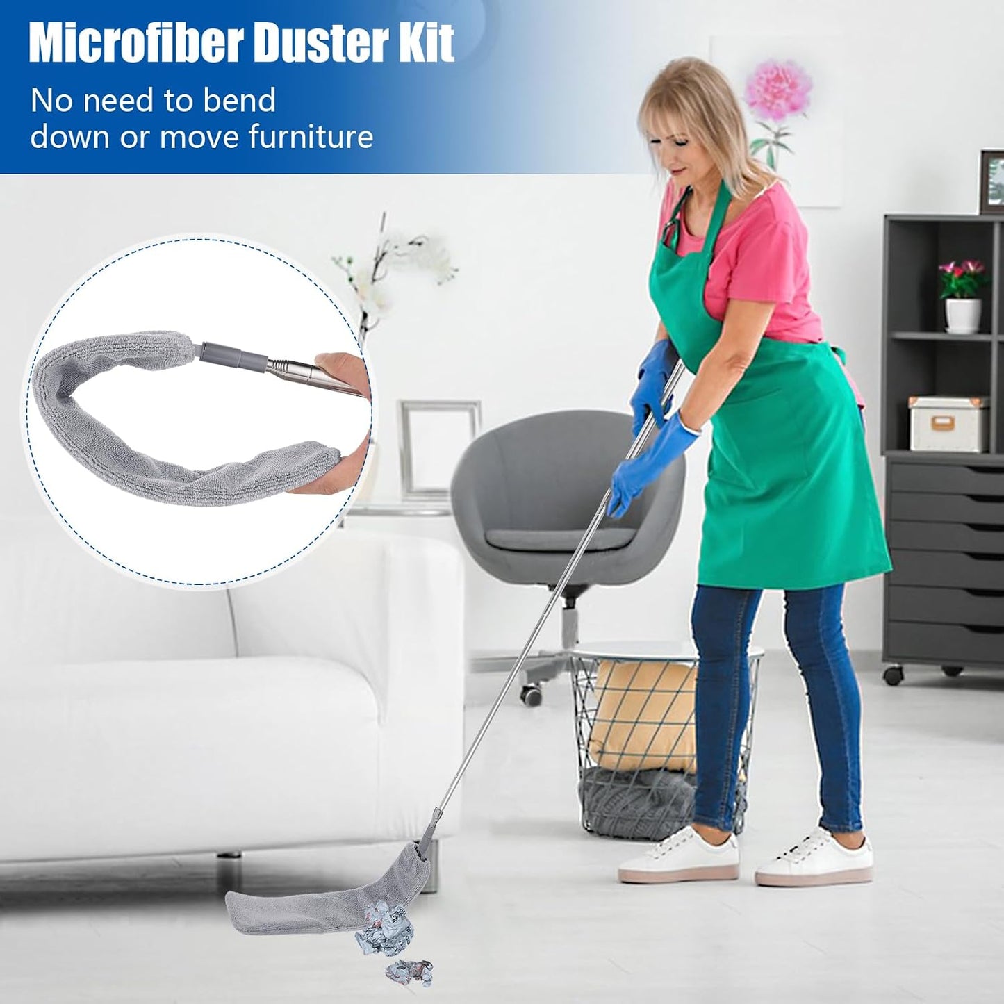 Feather Duster Set (4 Pieces), 30-100 inch Microfiber Retractable Gap Duster for Cleaning Ceilings, Furniture Refrigerators and Under Sofas | Bendable Head for Corner Cleaning, Washable Reusable Duster, Household Tool for Ceiling Furniture Under Sofa