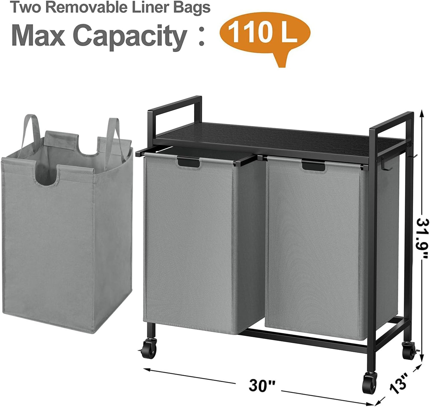 WOWLIVE Double Laundry Hamper with Wheels, Rolling Laundry Basket Organizer | Laundry Hamper 2 section with Lid, Iron-Made Laundry Sorter with Shelf, Removable Bags, Large Clothes Storage, White