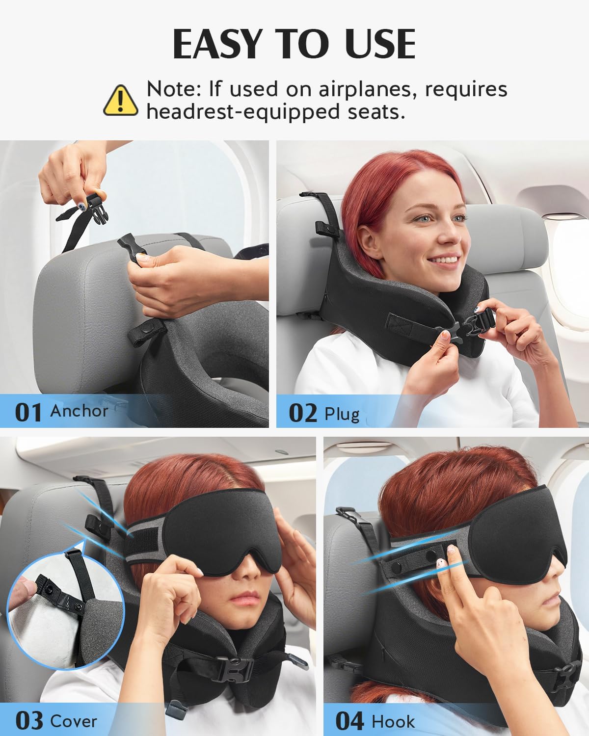 YFONG Travel Pillow with Head Support & Sleep Mask for Long Flights, Black | Patented 360° Support System, Prevents Bobbing, Airplane Head Strap, 3D Eye Mask, Memory Foam Neck Pillow, Travel Essential