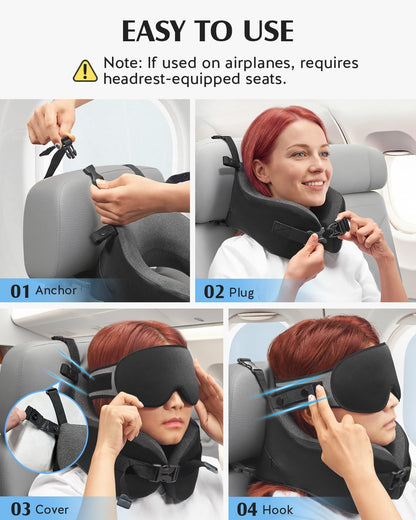 YFONG Travel Pillow with Head Support & Sleep Mask for Long Flights, Black | Patented 360° Support System, Prevents Bobbing, Airplane Head Strap, 3D Eye Mask, Memory Foam Neck Pillow, Travel Essential