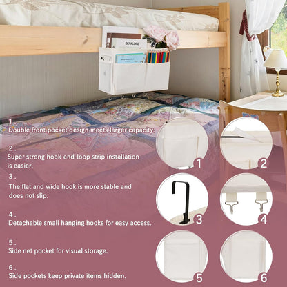 Bedside Caddy Organizer 5 Pockets and 4 Hooks for Bunk Bed Pink | Hanging Storage Bag for Headboards