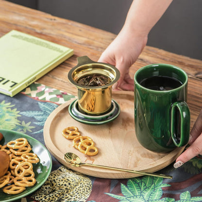 Ceramic Tea Cup Mug Infuser - VICRAYS Large 16 oz Hot Loose Steeping Handle Teacup with Leaf Infuser Spoon Lid - Blue Tall Glazed Strainer Coffee Mug Microwave Safe - Blue