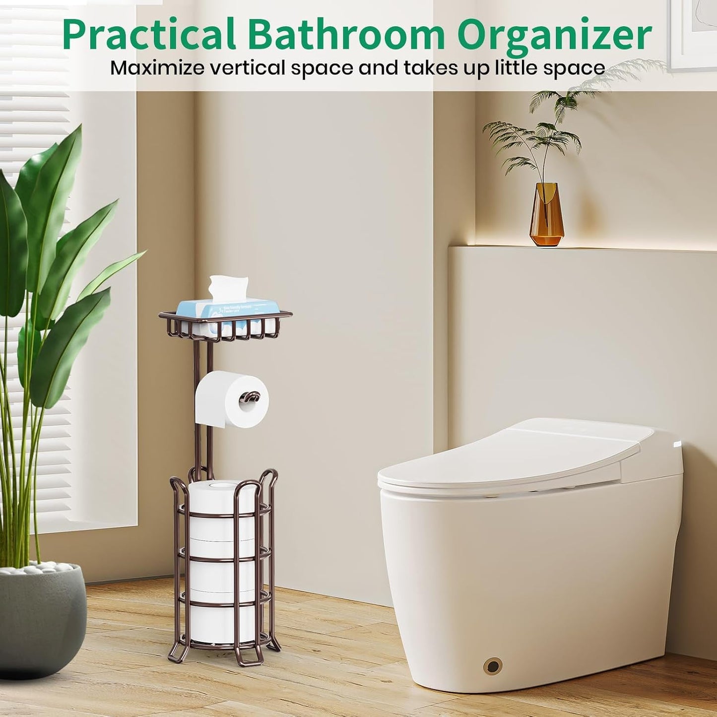 TomCare Toilet Paper Holder Free Standing with Shelf, Stable 4 Raised Feet | Stores 4 Mega Rolls, Tool-Free Assembly, Powder-Coated Metal Frame, Bathroom Storage Organizer for Spare Rolls, Silver