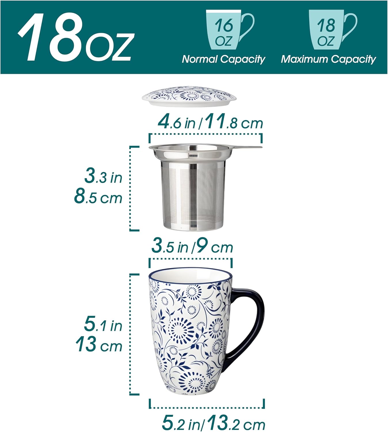 vancasso SELENE Porcelain Tea Mug, 18 oz Porcelain Tea Cup with Infuser and Lid Steeps Loose Leaf Tea, Microwave & Dishwasher Safe, Five-Leaf Clover