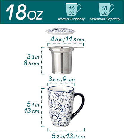 vancasso SELENE Porcelain Tea Mug, 18 oz Porcelain Tea Cup with Infuser and Lid Steeps Loose Leaf Tea, Microwave & Dishwasher Safe, Five-Leaf Clover